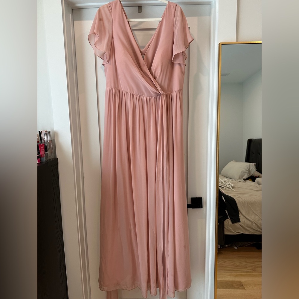 Revelry Harper Chiffon Faux Wrap Plus Size Bridesmaid Dress in Blushing Pink